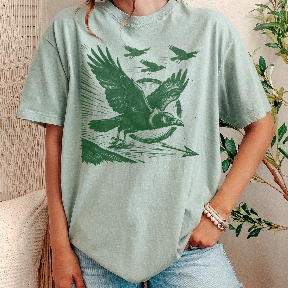 Raven Launching Into Flight with Arrow and Speed Lines Tee